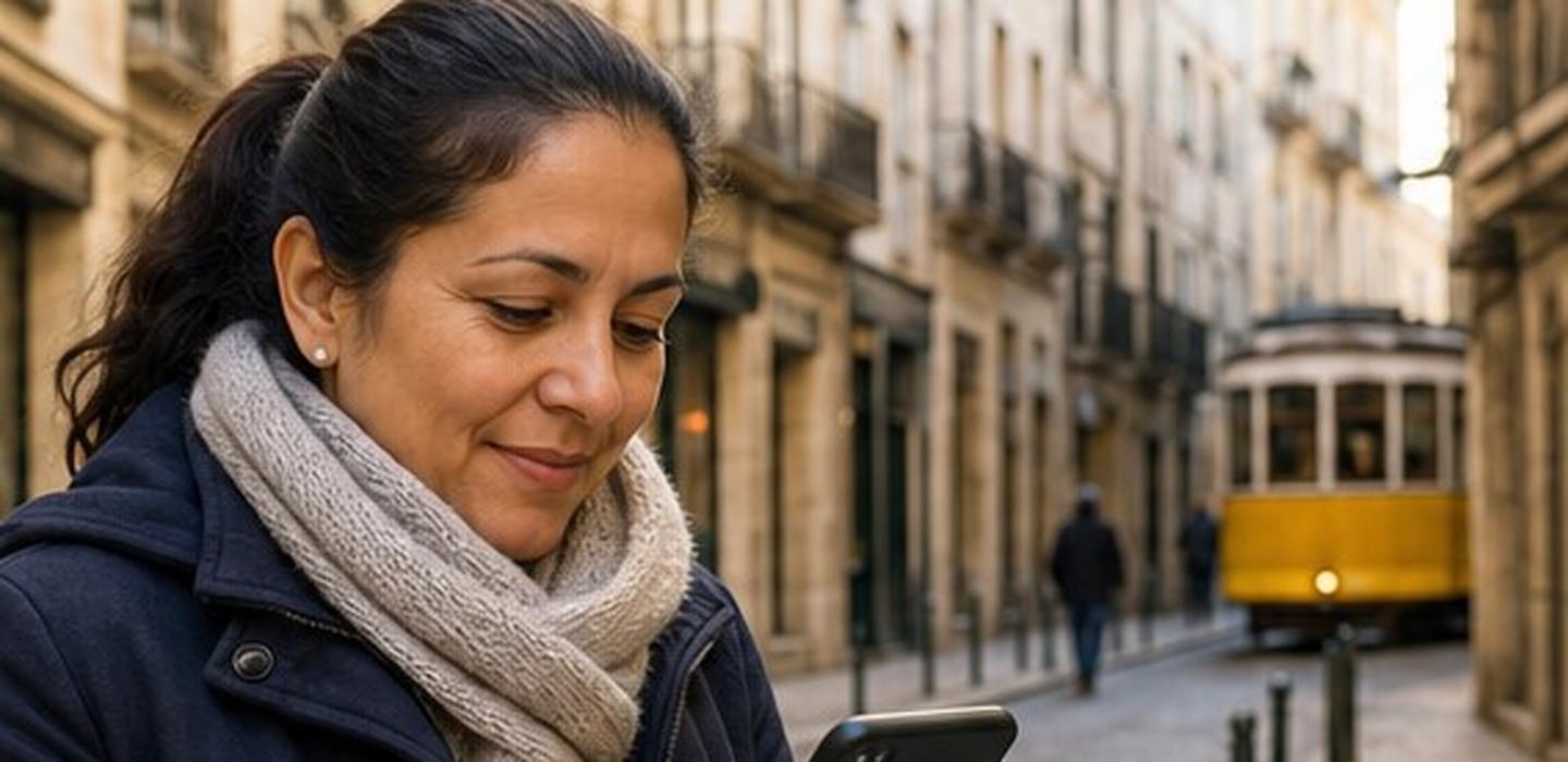 Una mujer de pie en una calle europea mira su teléfono sin prisa.